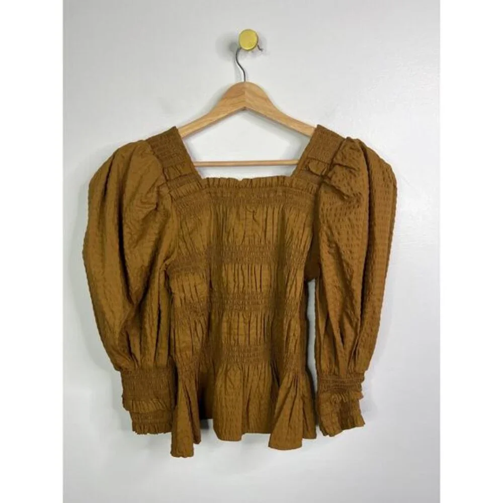 Sea New York Sevyn Solid Seersucker Long Sleeve Smocked Top Brown Size: XS NWOT